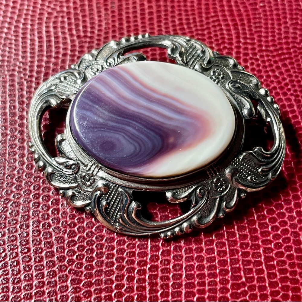 Vintage Banded Amethyst Sterling Silver Brooch